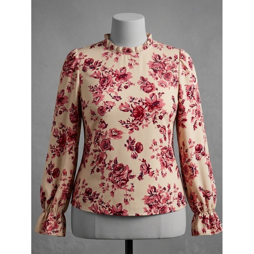 Vintage Floral Blouse XL Ruffle Collar Bishop Sleeve Cottagecore Boho